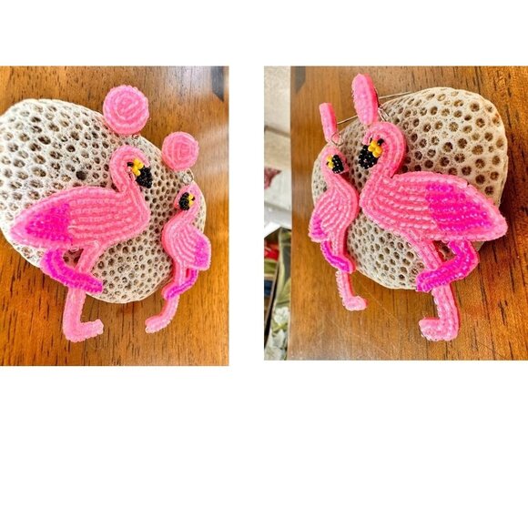 Flamingo Earrings Beaded Dangle Post Pink Statement Jewelry New Caribbea… - Picture 3 of 12